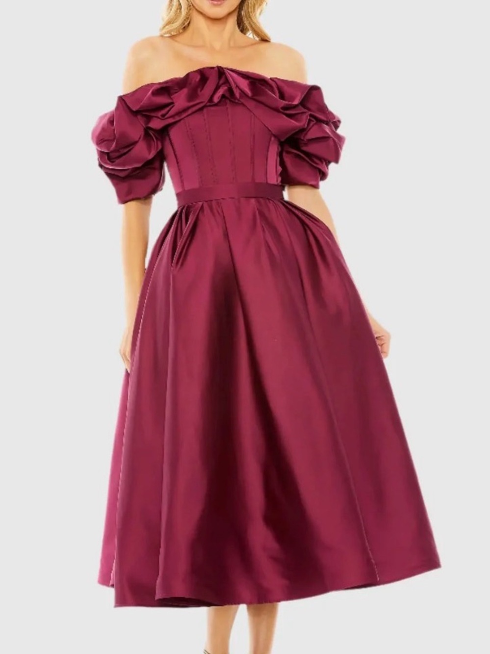 Mac Duggal Off-Shoulder Ruffled Midi Dress in Wine NWT